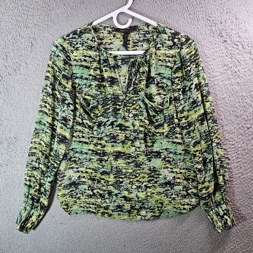 BCBG Maxazria Top Blouse Women XS 100% Silk Abstract Print Black Green